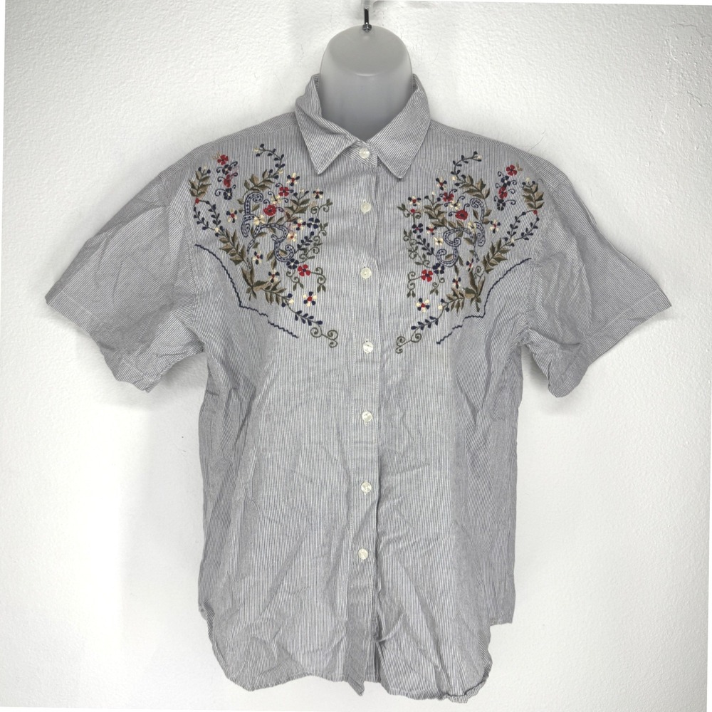 Vintage‎ Womens Blue White Pinstripe Floral Embroidered Cotton Shirt Medium Boho